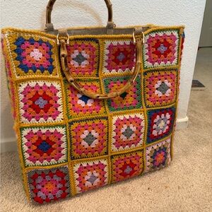 Milanesa Crochet Square Tote Bag with Bamboo Handles - Multicolor